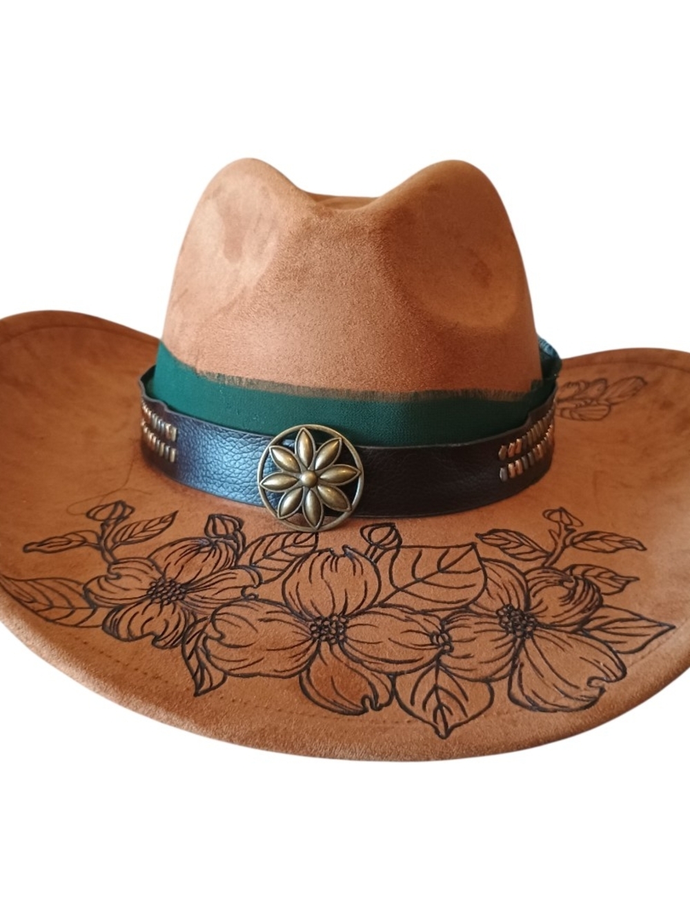 Tan Suede Western Flower-Stamped Cowboy Hat with Green Band